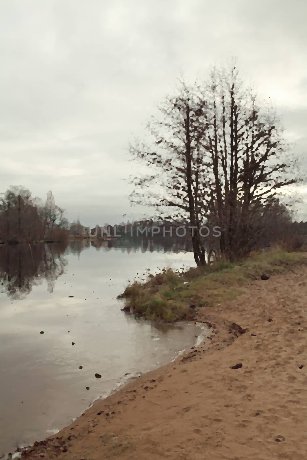 foggy gloomy morning on the lake, clouds reflected in the water, bare trees, autumn landscape