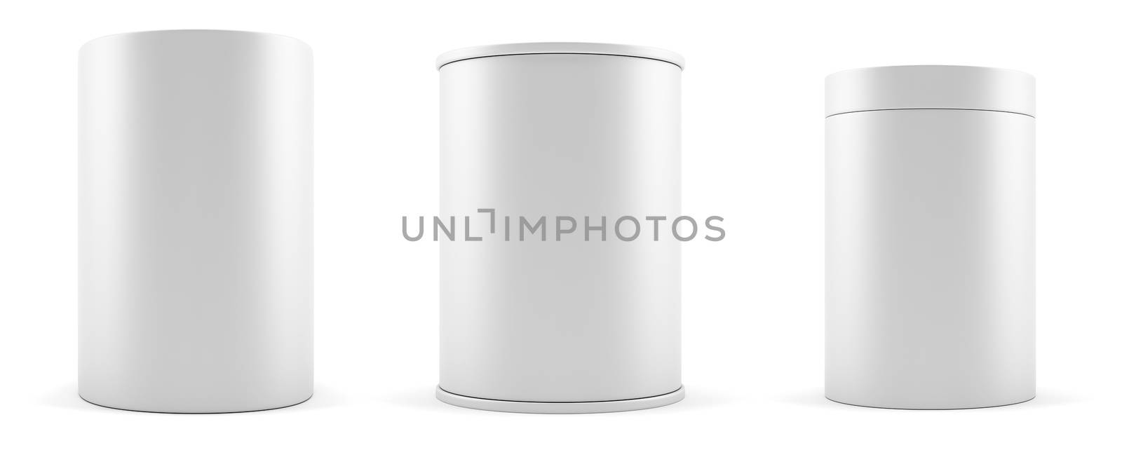 Set of empty white realistic cylinders, podium or banner. 3d illustration