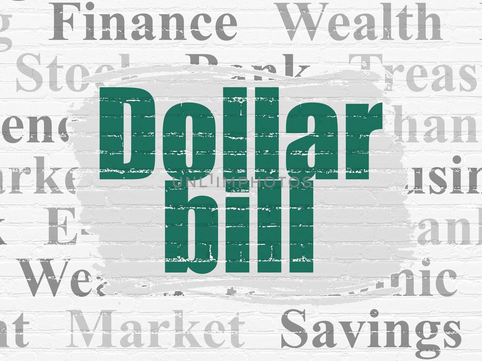 Money concept: Painted green text Dollar Bill on White Brick wall background with  Tag Cloud