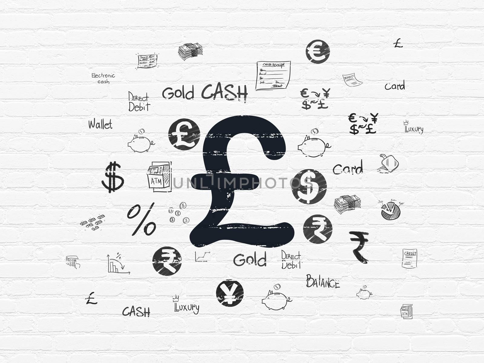 Currency concept: Painted black Pound icon on White Brick wall background with  Hand Drawn Finance Icons