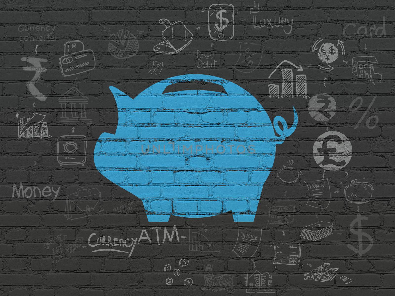 Money concept: Painted blue Money Box icon on Black Brick wall background with Scheme Of Hand Drawn Finance Icons