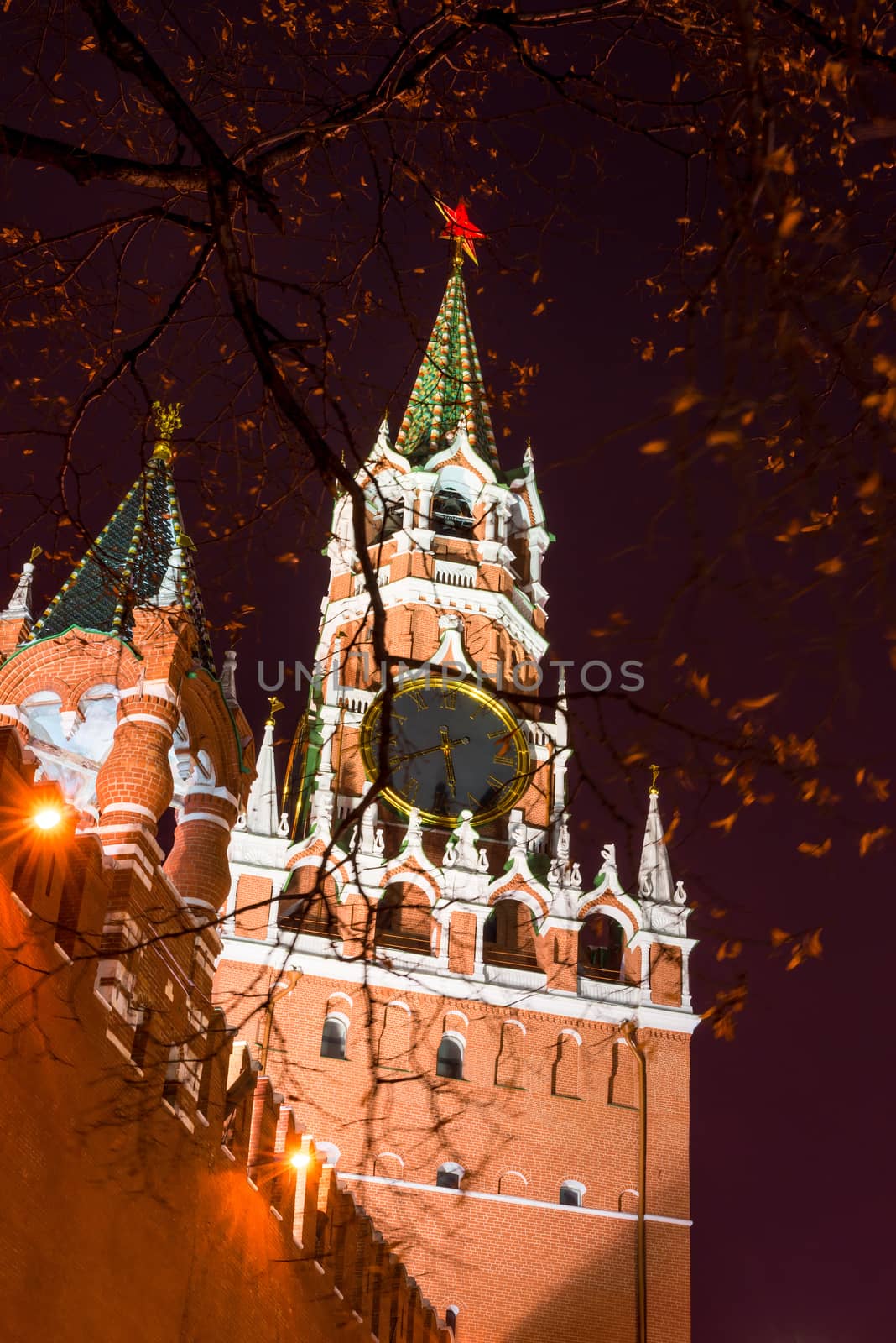 view from below on the Kremlin chimes at the Kremlin's Spassky Tower