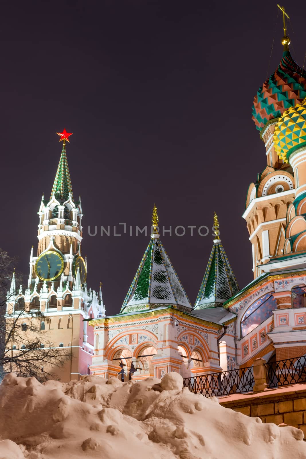 The Kremlin and St. Basil's Cathedral on a Winter Evening, Moscow, Russia
