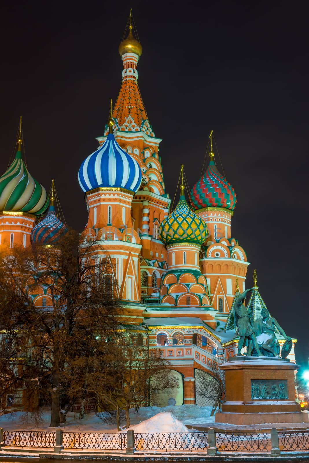 Beautiful St. Basil's Cathedral at night on Red Square in Moscow, Russia