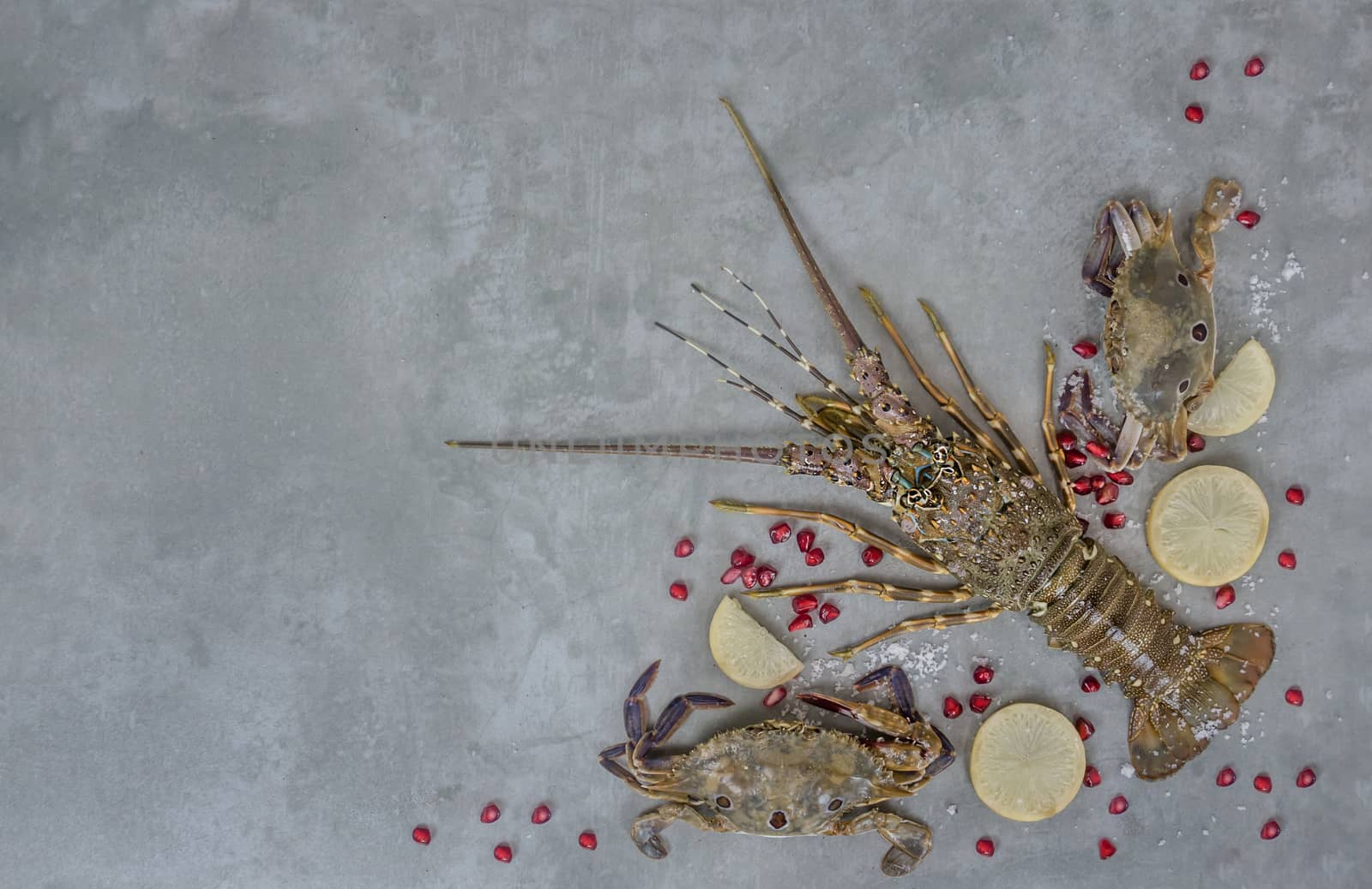 Food frame with crustacean . Lobster, crab, lemon and  pomegranate on background