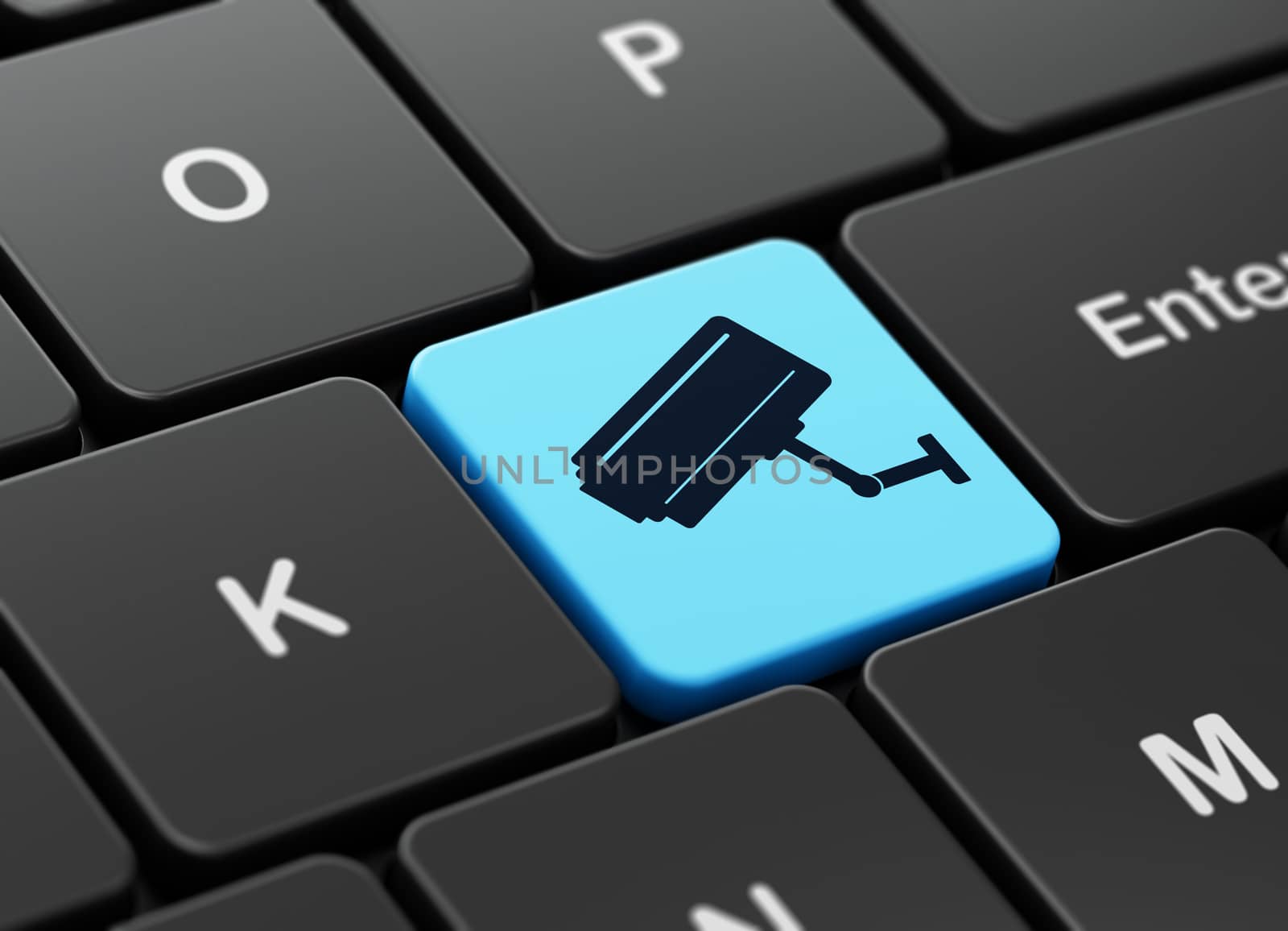 Privacy concept: computer keyboard with Cctv Camera icon on enter button background, 3D rendering