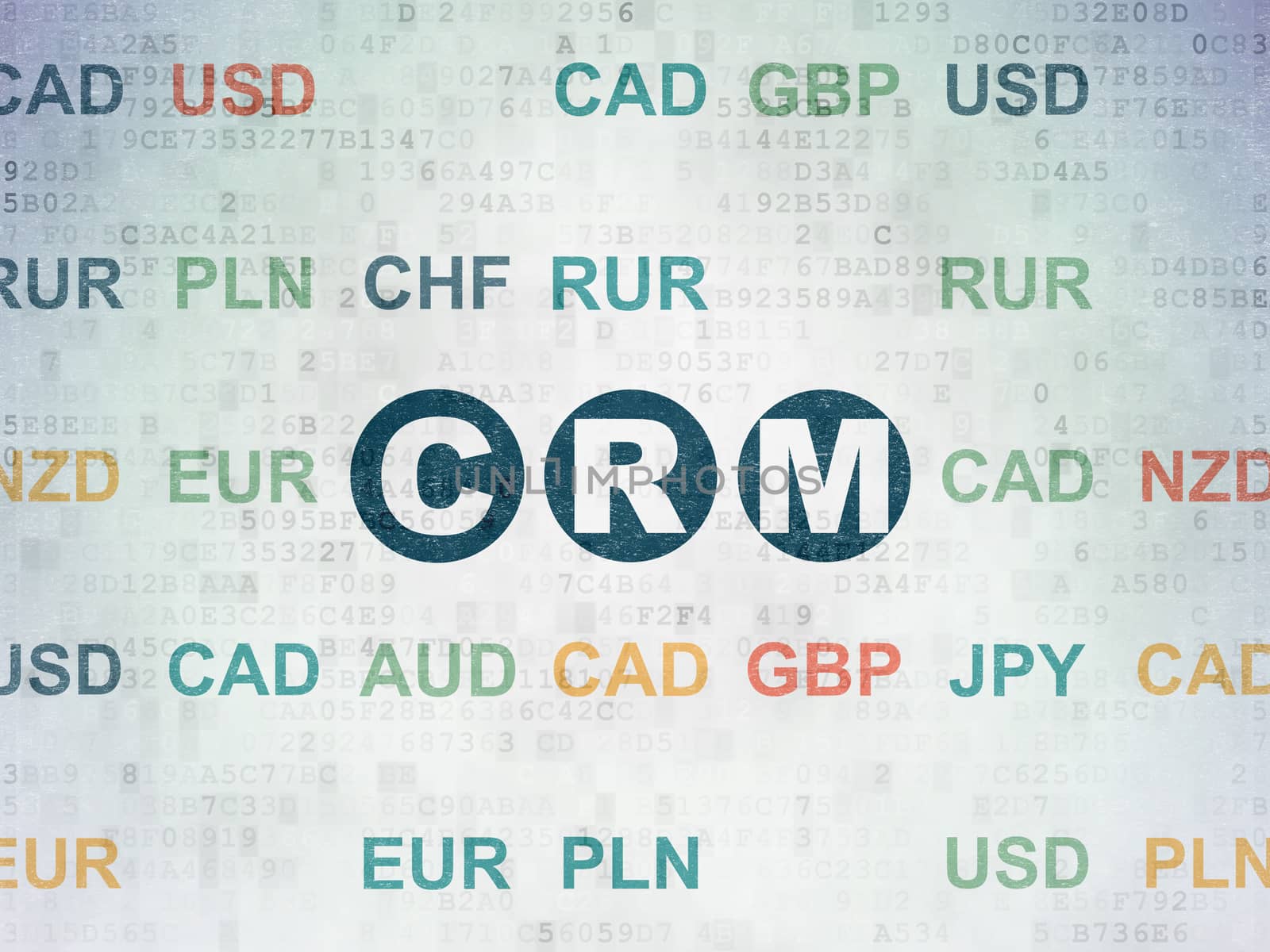 Business concept: Painted blue text CRM on Digital Data Paper background with Currency