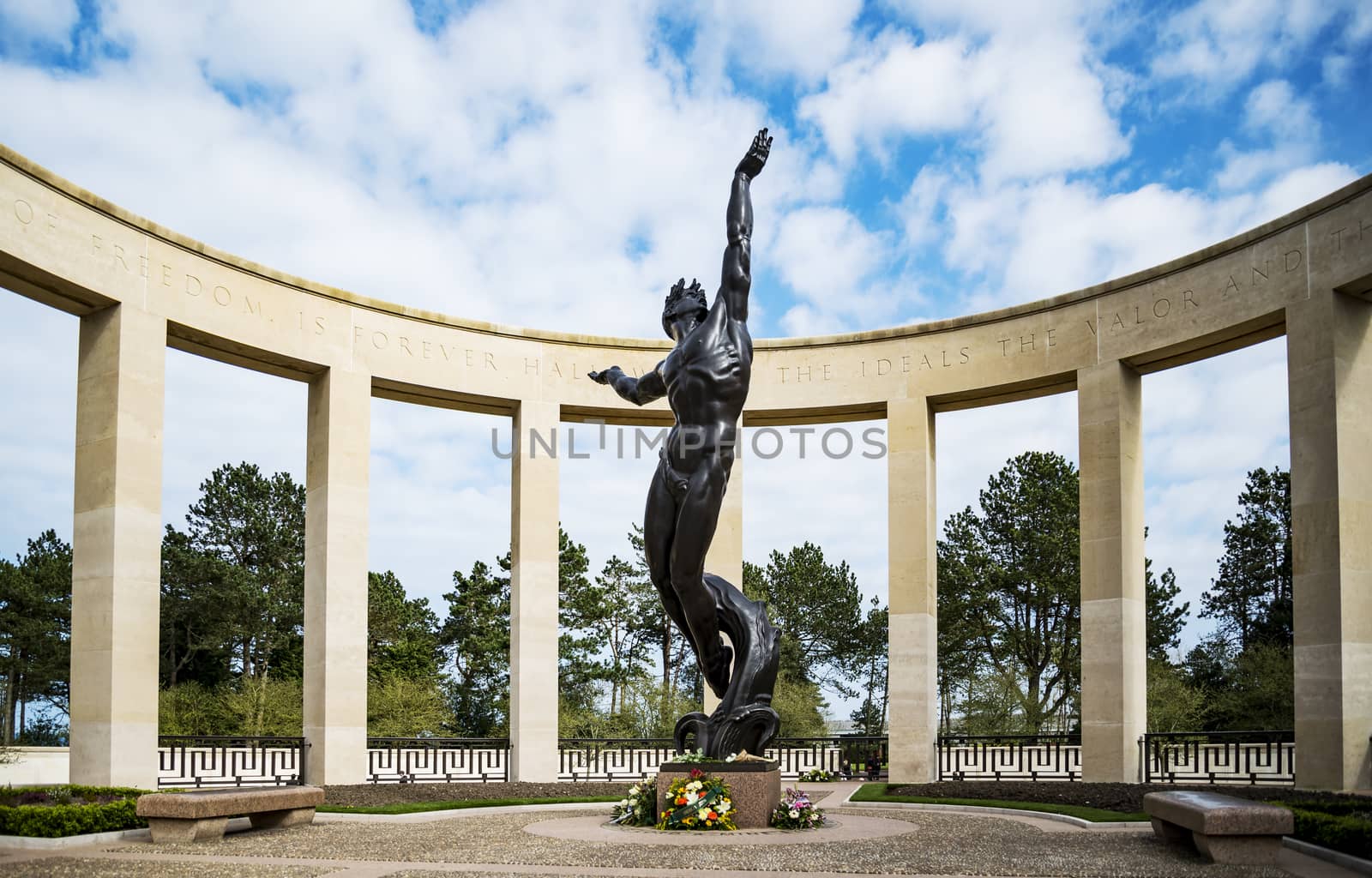 COLLEVILLE SUR MER - APRIL 6: Memorial in American cemetery near Omaha Beach, April 6, 2015 in Colleville sur Mer, Normandy, France