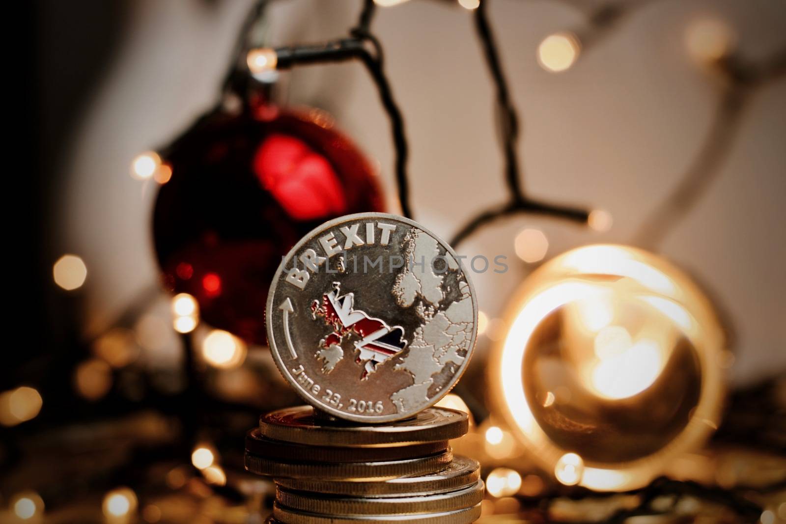 Physical brexit silver coin with british map. Europe leaving. Article 50. Christmas concept.