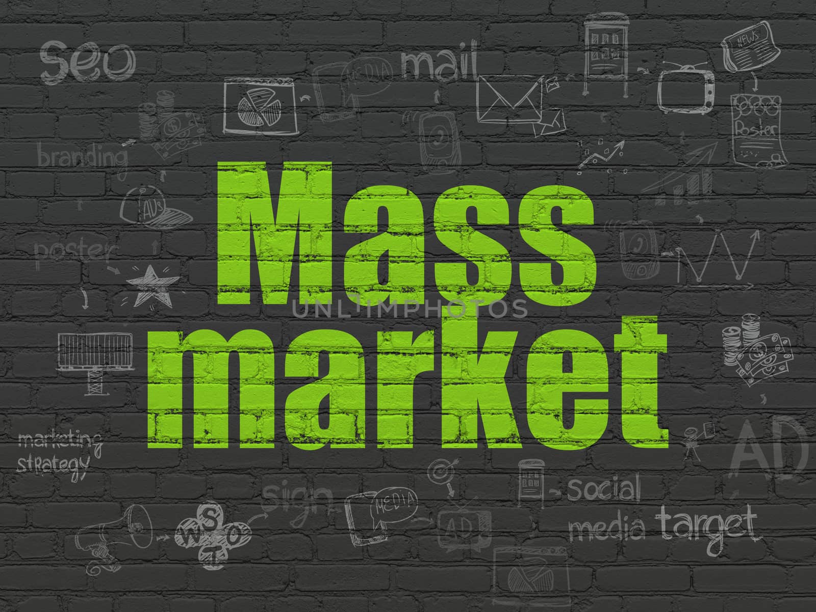 Marketing concept: Painted green text Mass Market on Black Brick wall background with Scheme Of Hand Drawn Marketing Icons