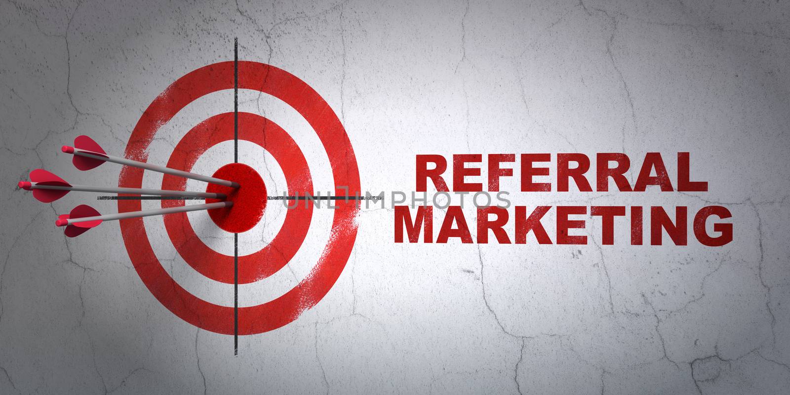 Success advertising concept: arrows hitting the center of target, Red Referral Marketing on wall background, 3D rendering