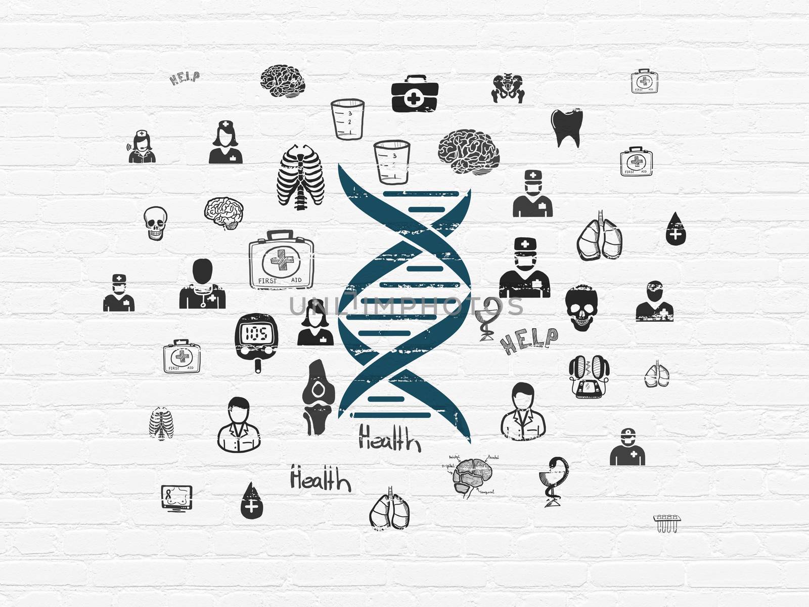 Healthcare concept: Painted blue DNA icon on White Brick wall background with  Hand Drawn Medicine Icons