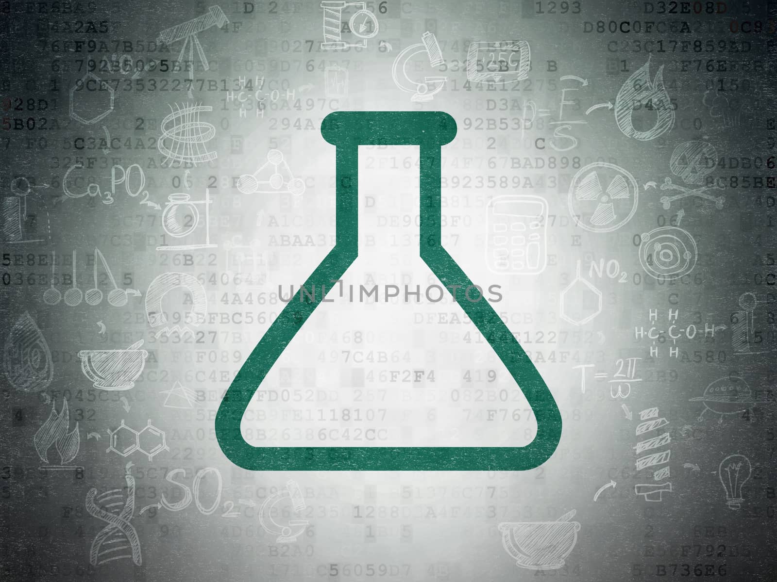 Science concept: Painted green Flask icon on Digital Data Paper background with Scheme Of Hand Drawn Science Icons