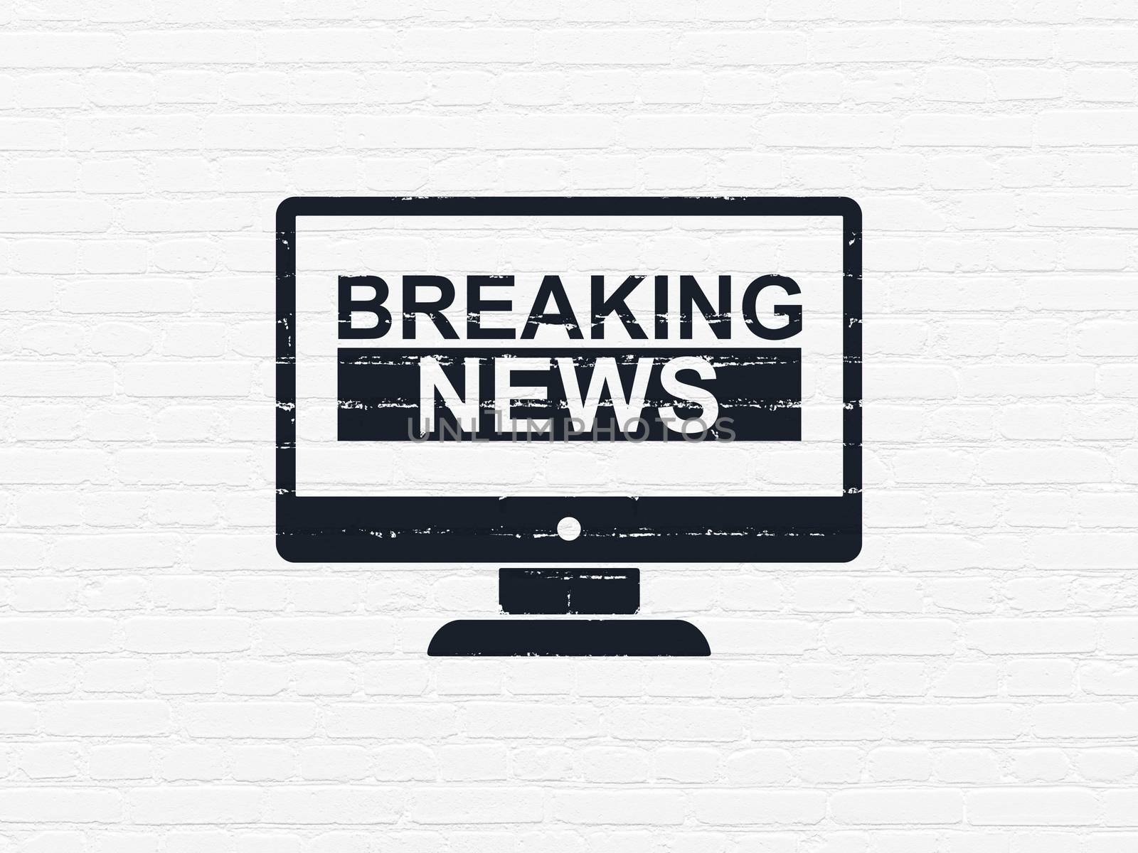 News concept: Painted black Breaking News On Screen icon on White Brick wall background