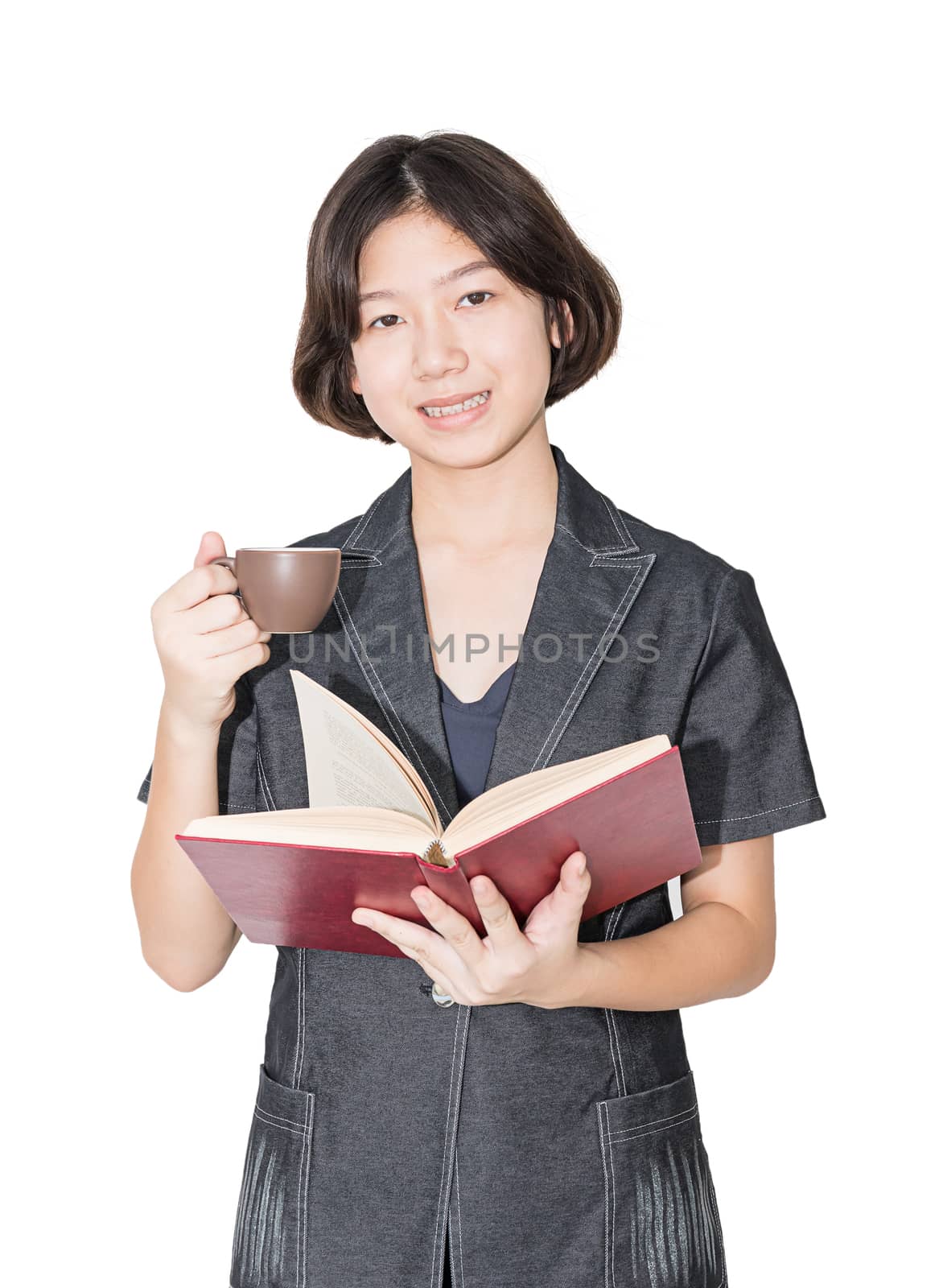 Young female short hair holding up red book and coffee cup, Cut out isolated on white background