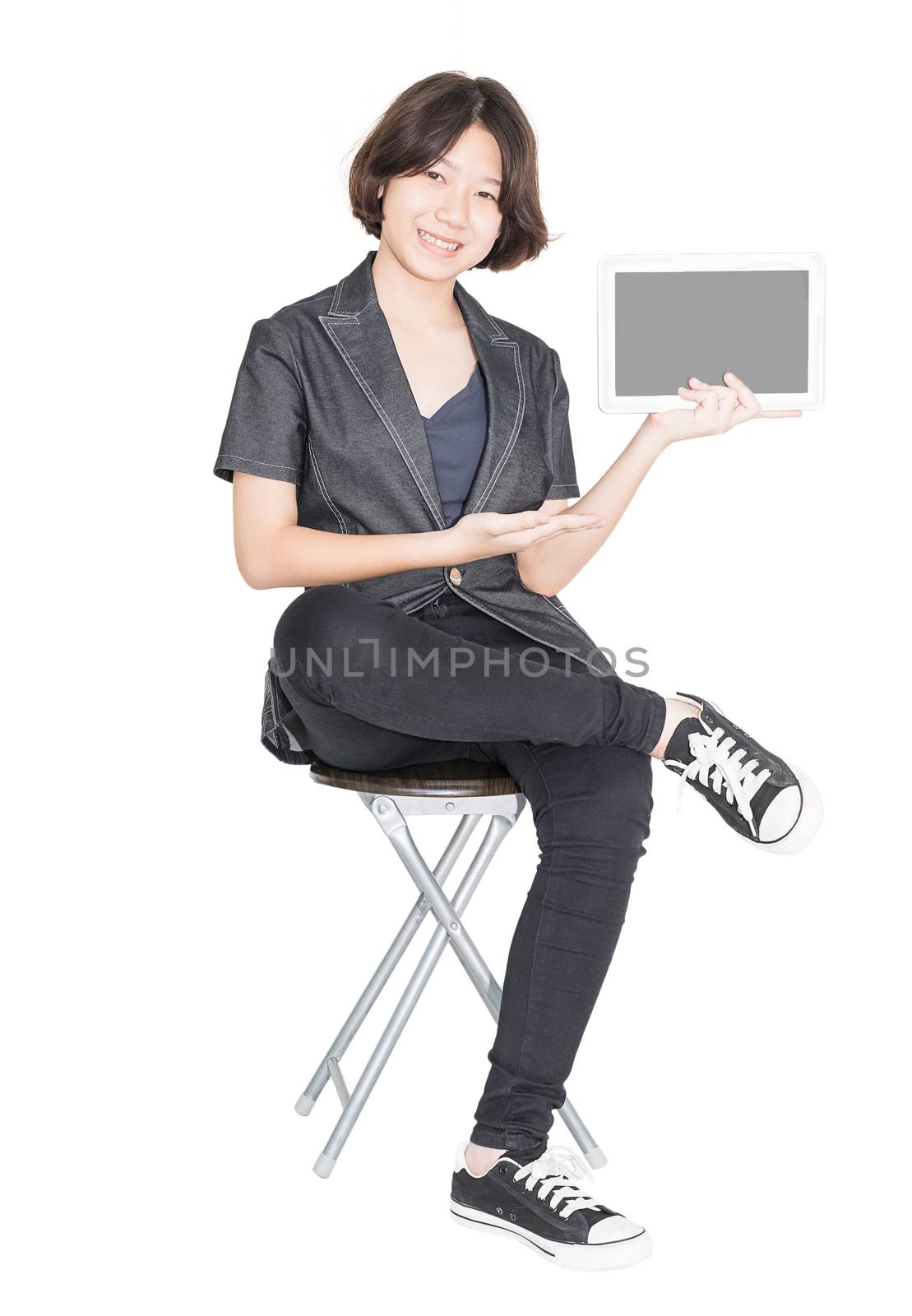 Asian women sit on chair with using mobile phone ,Cut out isolated over white background