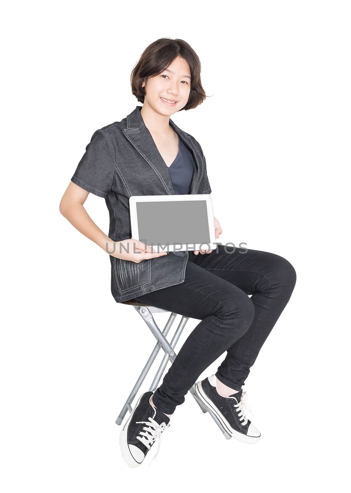 Asian women sit on chair with using mobile phone ,Cut out isolated over white background