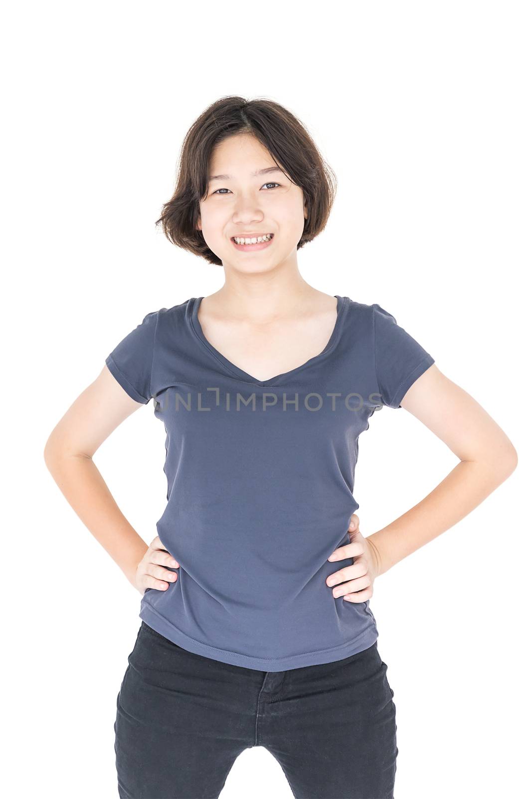 Young female short hair with blank gray t-shirt by stoonn