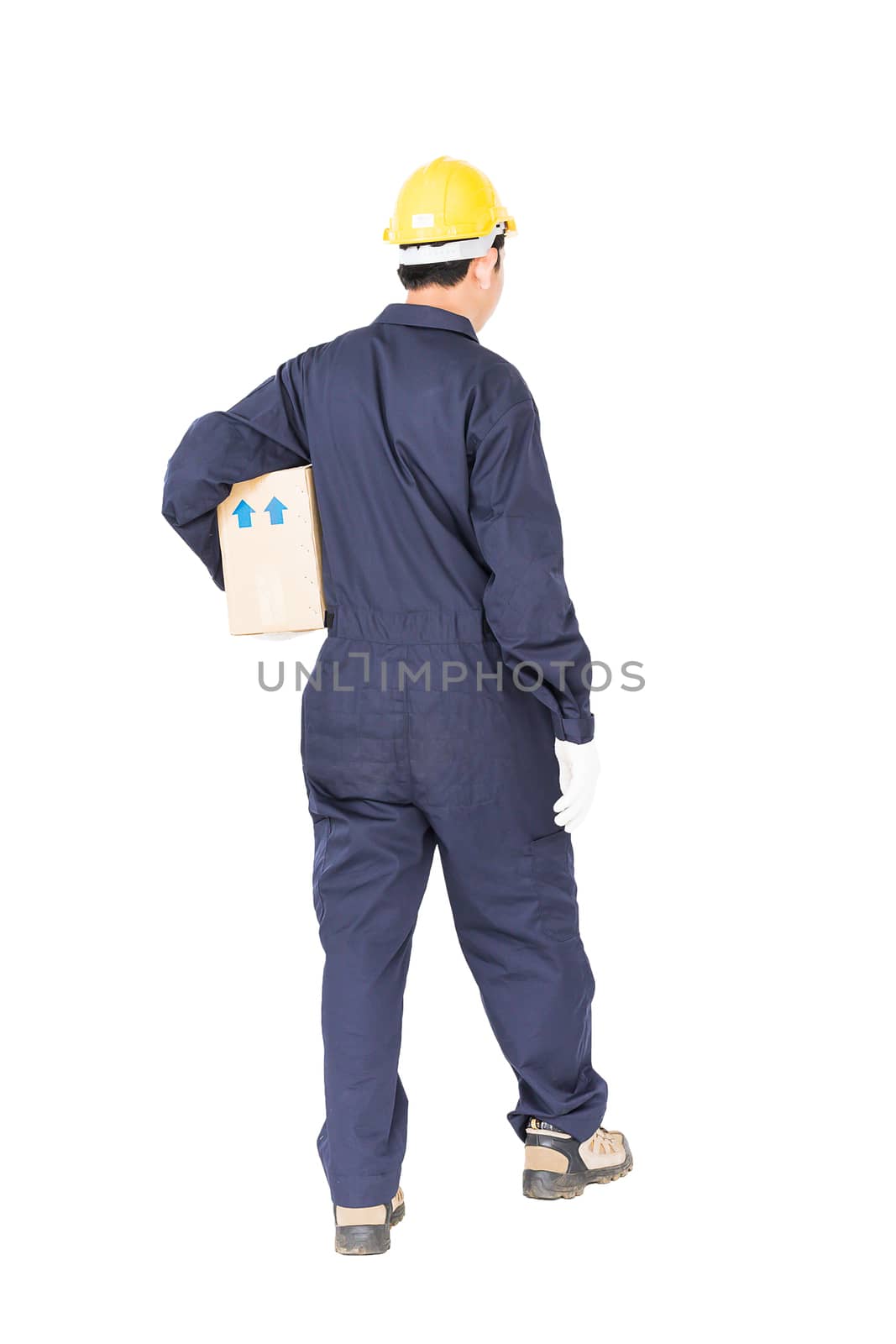 Man in uniform standing and holding a paper box, Isolated on white background