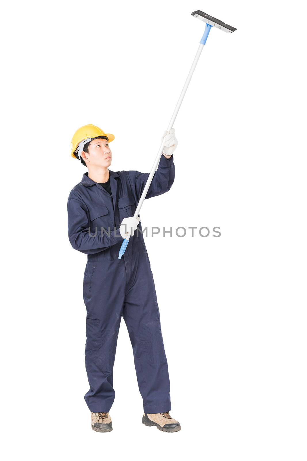 Young man in uniform hold mop for cleaning glass window, Cut out isolated on white background