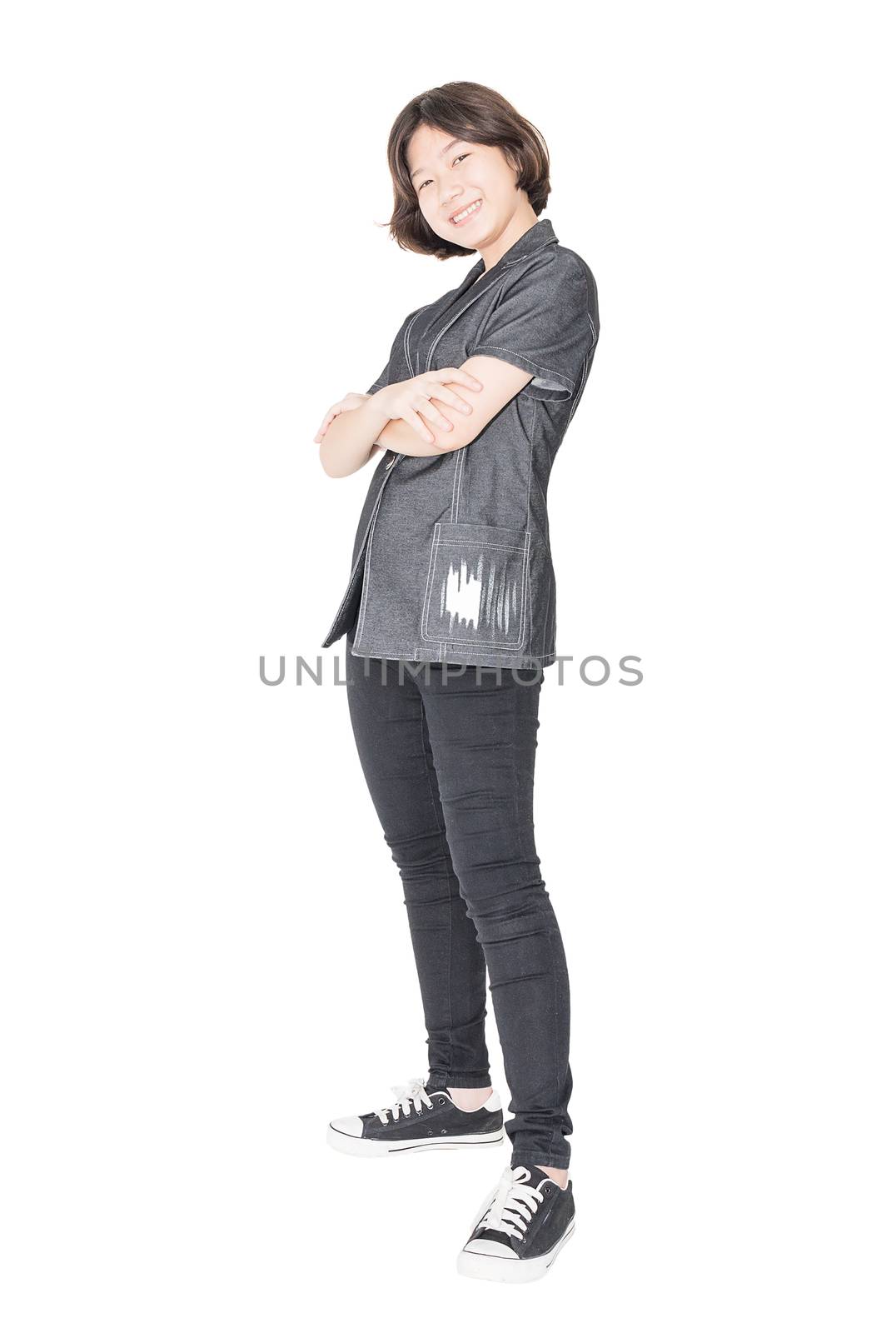 Close up young woman short hair with shirt , Cutout isolated on white background