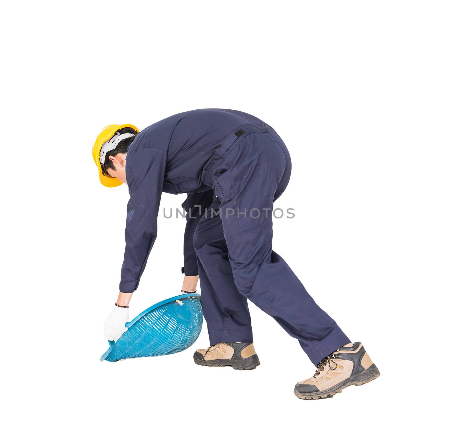 Young worker in uniform hold Hod or clam-shell shaped basket is a construction tools  ,Cut out isolated on white background