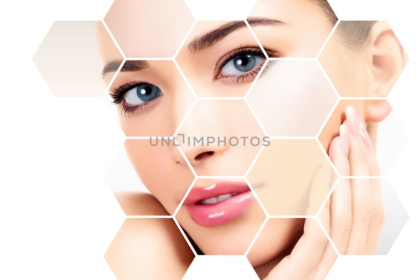 Closeup headshot portrait of a beautiful woman with beauty face and clean smooth soft skin. Skin treatments concept.