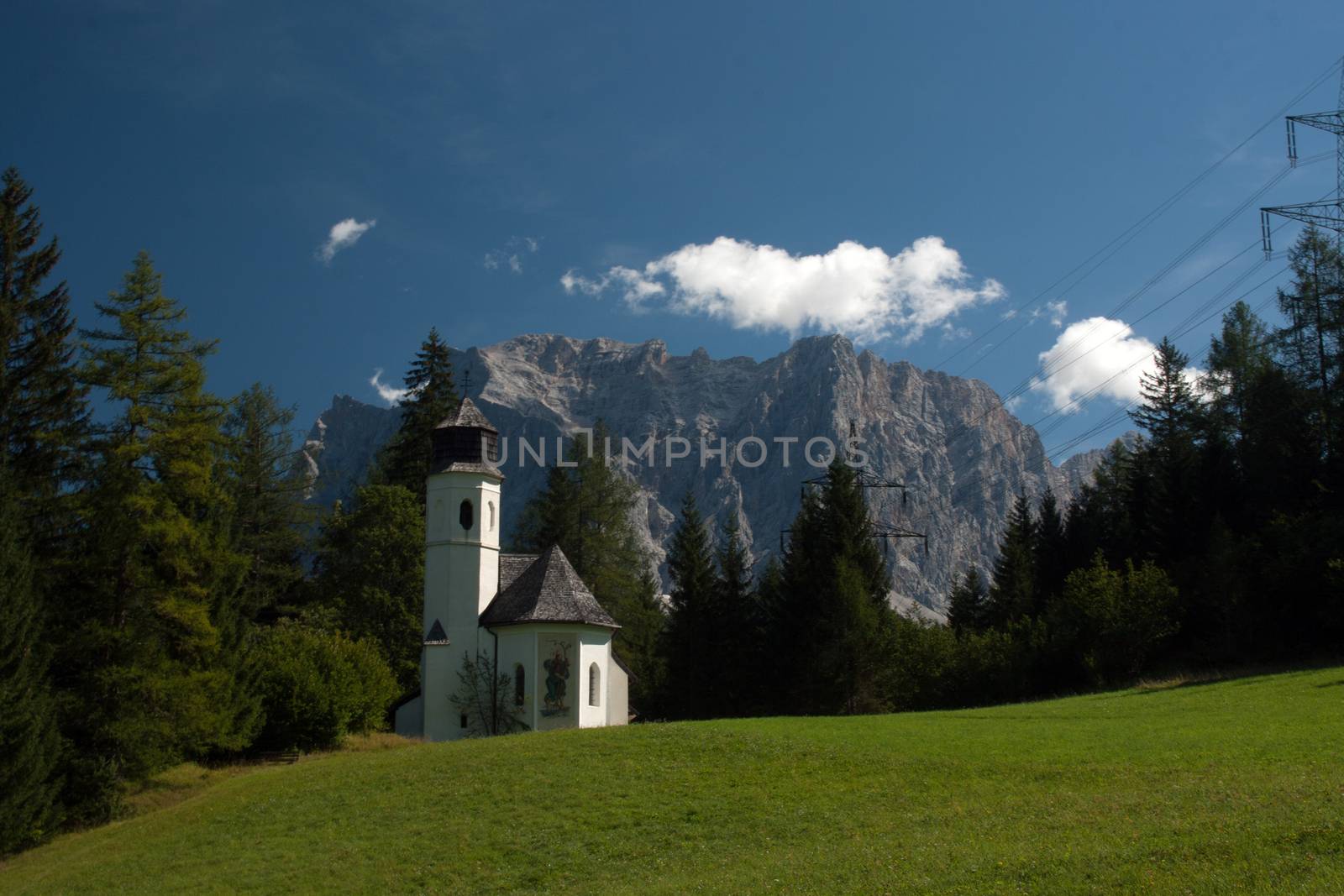 Small church i mountain, on the bacground mountain Zugspitze
