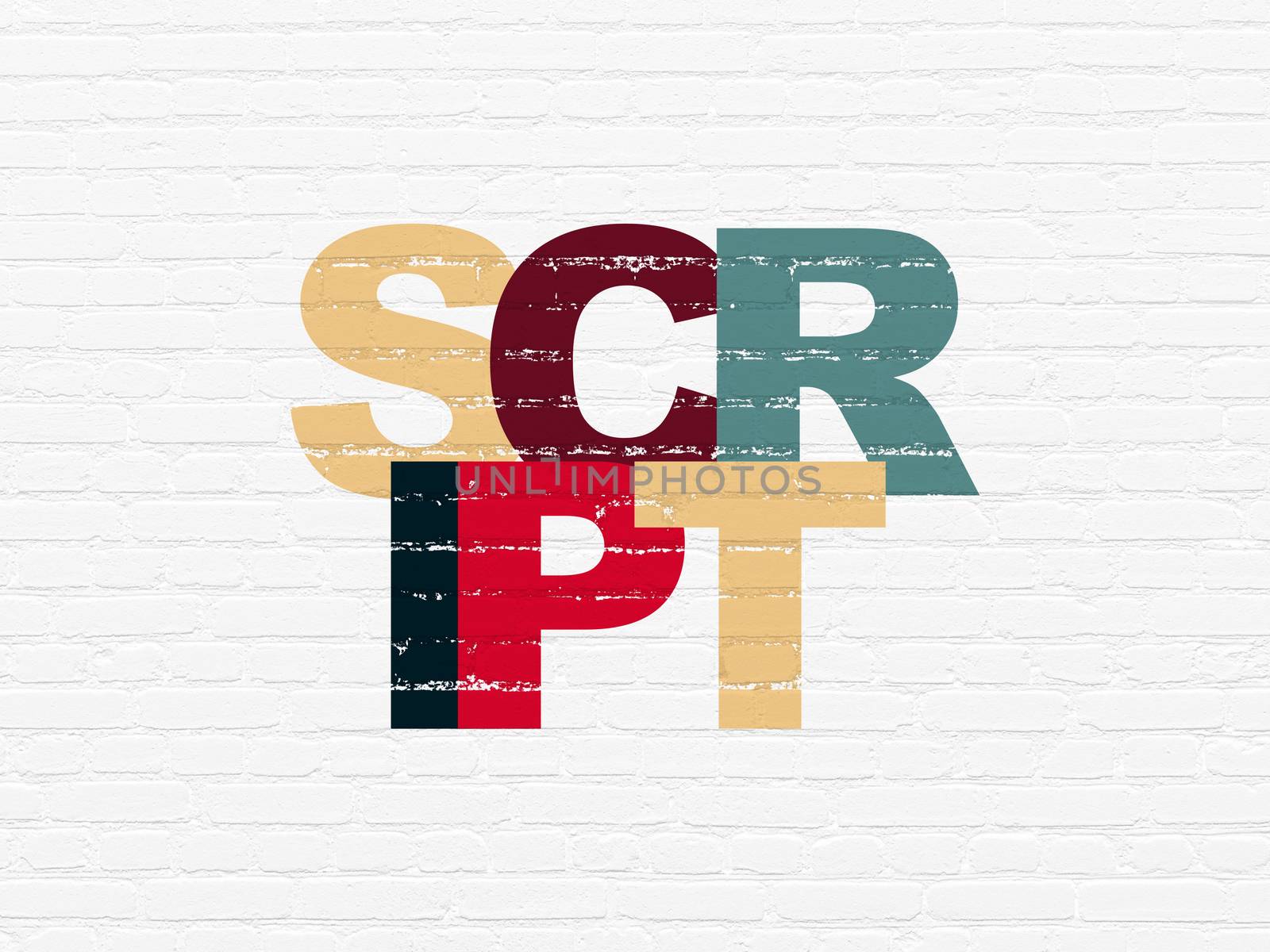 Programming concept: Painted multicolor text Script on White Brick wall background