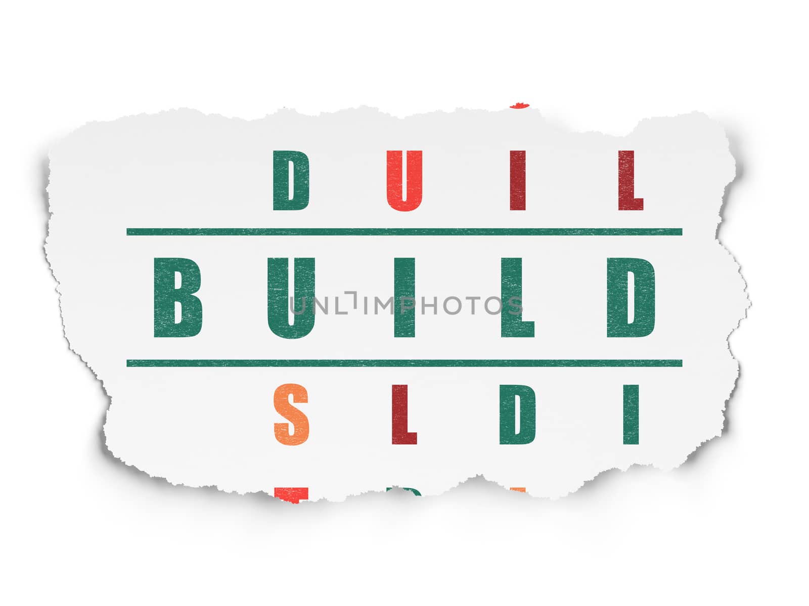 Building construction concept: Painted green word Build in solving Crossword Puzzle on Torn Paper background