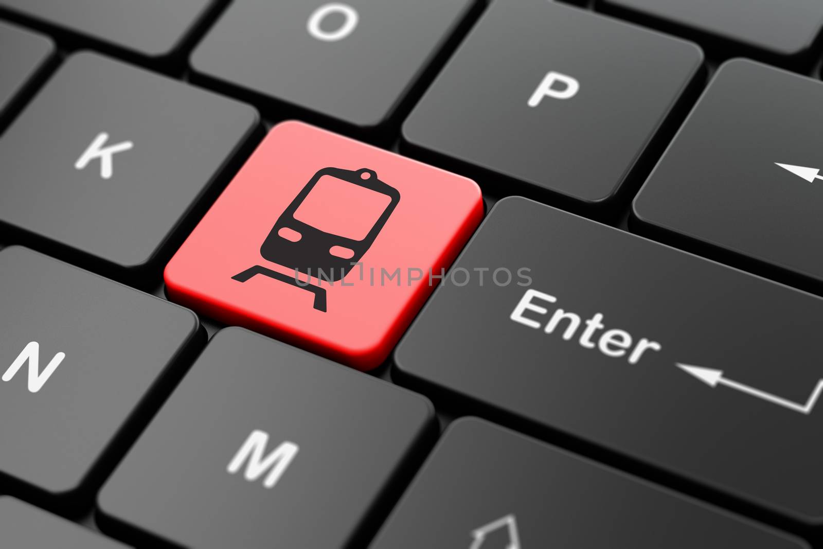 Travel concept: Train on computer keyboard background by maxkabakov