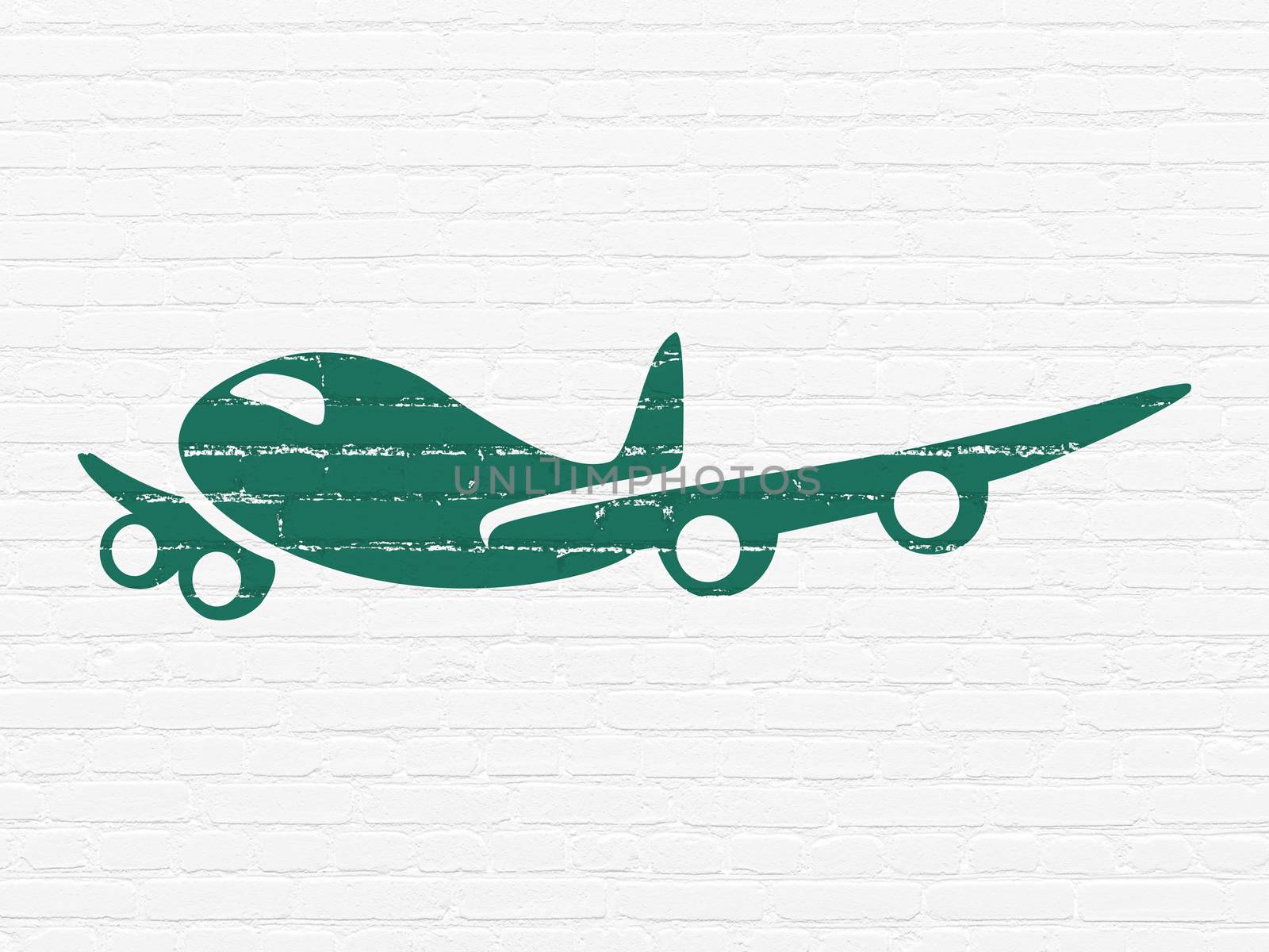 Vacation concept: Airplane on wall background by maxkabakov