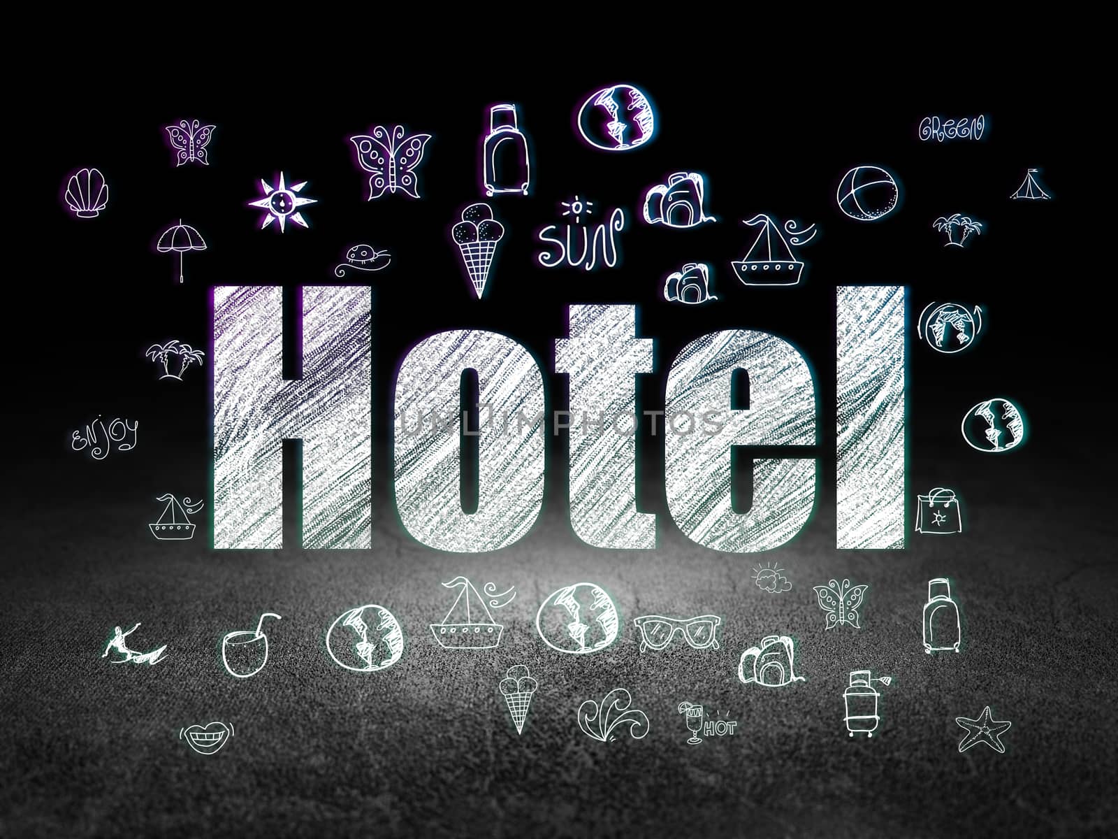 Tourism concept: Glowing text Hotel,  Hand Drawn Vacation Icons in grunge dark room with Dirty Floor, black background