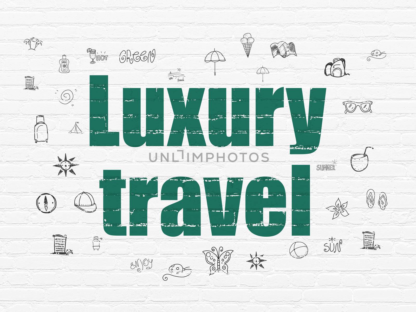 Travel concept: Painted green text Luxury Travel on White Brick wall background with  Hand Drawn Vacation Icons