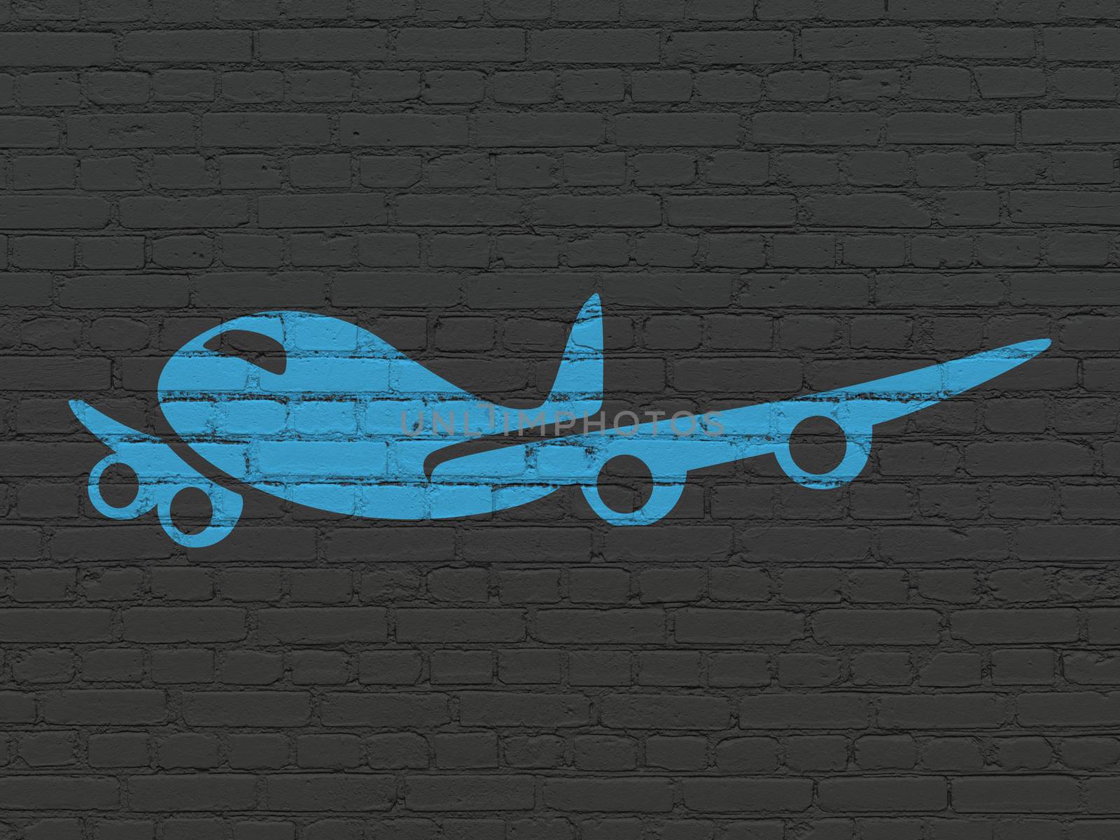 Tourism concept: Painted blue Airplane icon on Black Brick wall background