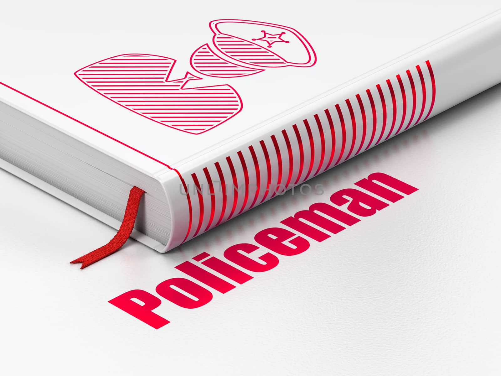 Law concept: closed book with Red Police icon and text Policeman on floor, white background, 3D rendering