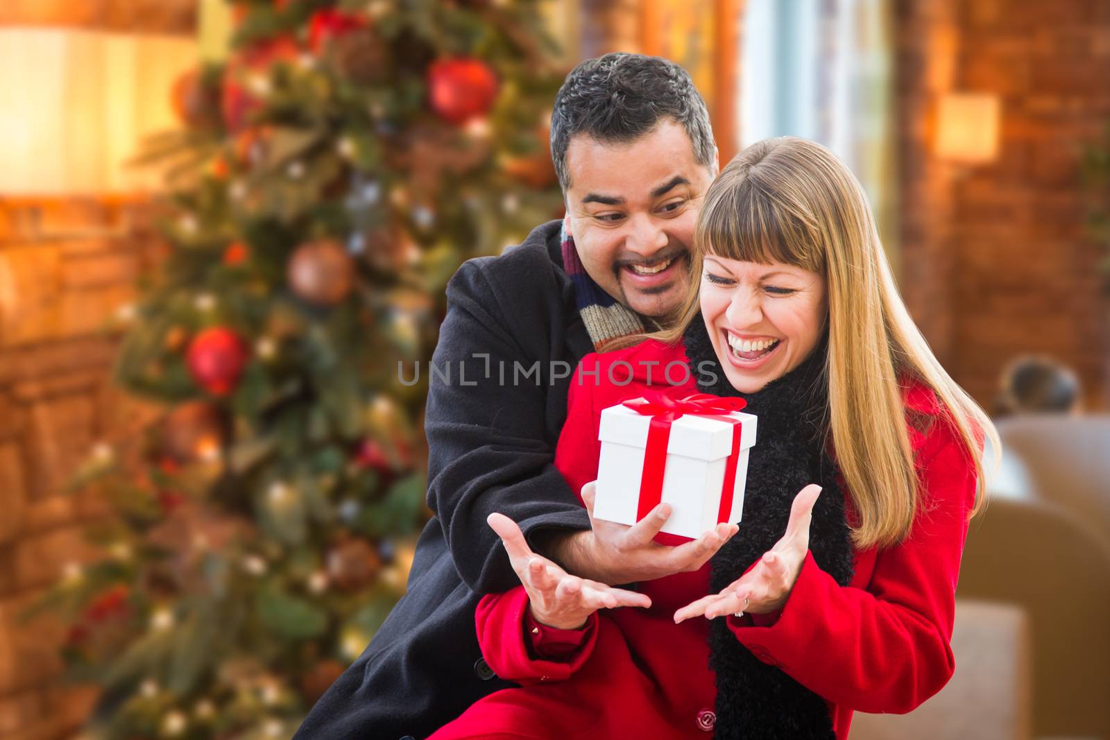 Mixed Race Couple Sharing Christmas In Front of Decorated Tree. by Feverpitched