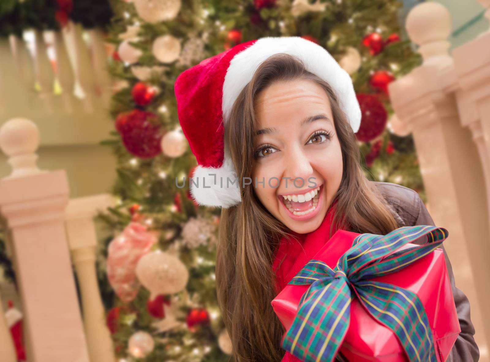 Girl Wearing A Christmas Santa Hat with Bow Wrapped Gift In Front of Decorated Tree by Feverpitched
