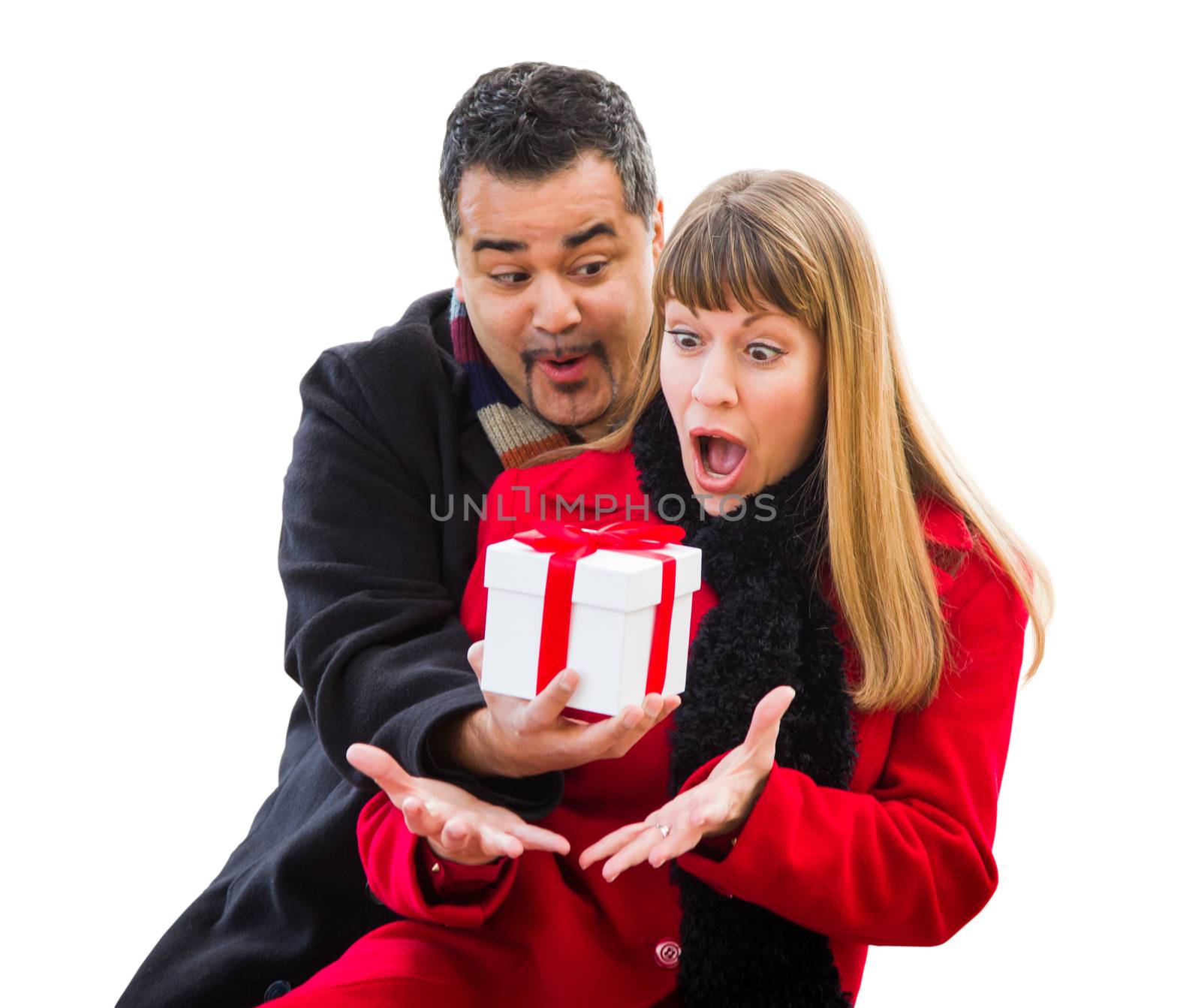 Mixed Race Couple Exchanging Christmas Gift Isolated on White. by Feverpitched
