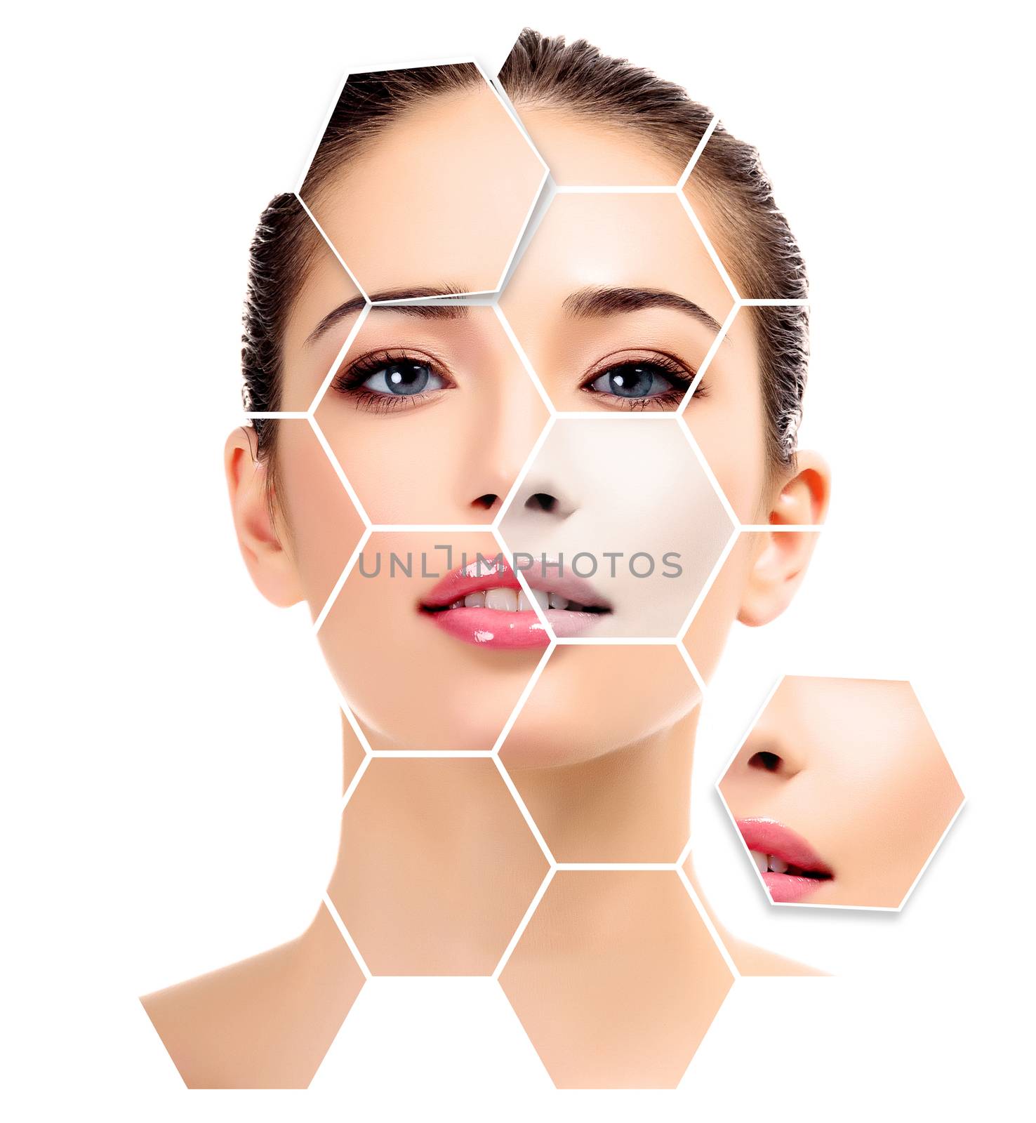 Beautiful young female with clean fresh skin, white background, skin treatment concept.