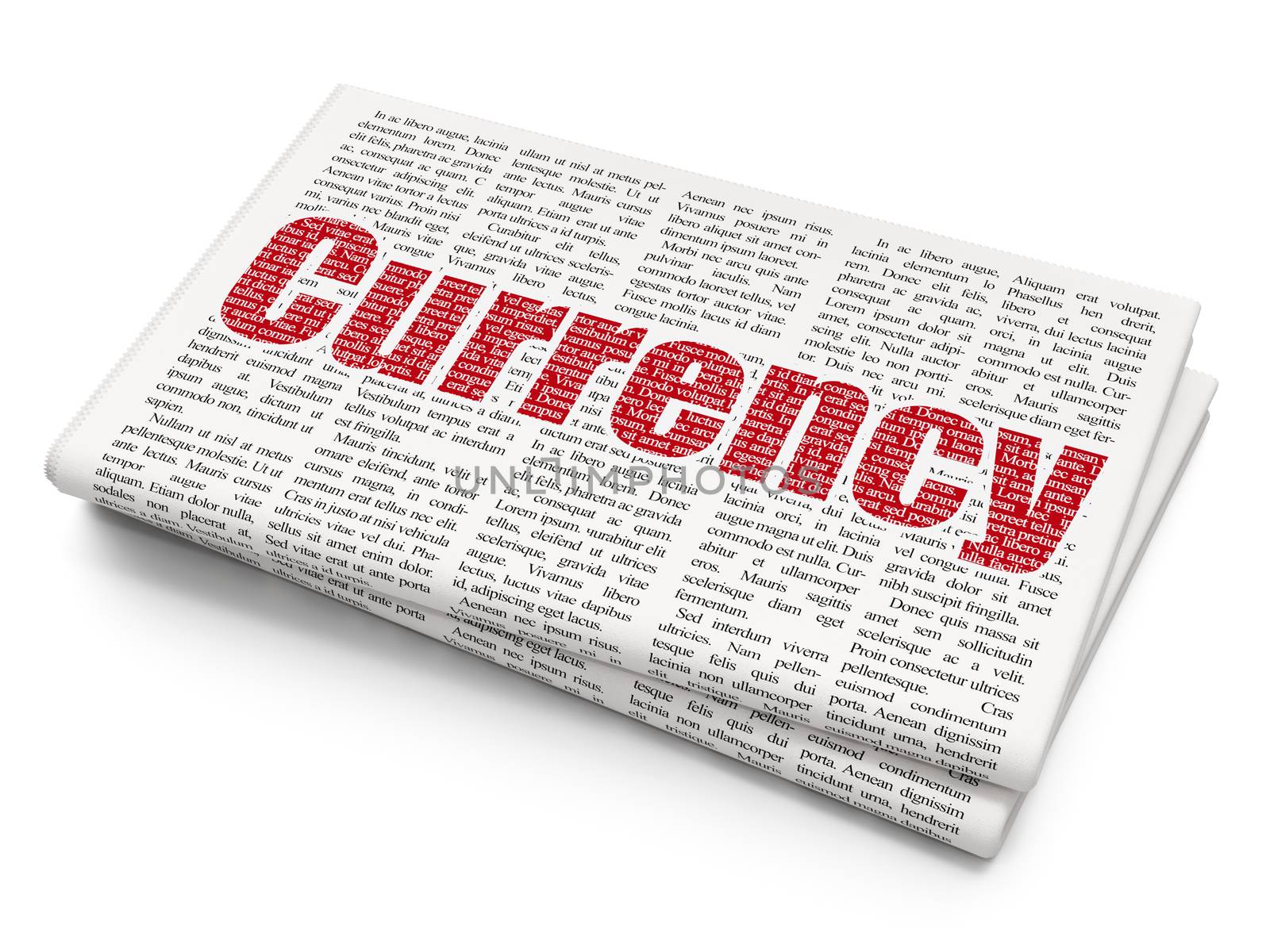 Banking concept: Pixelated red text Currency on Newspaper background, 3D rendering