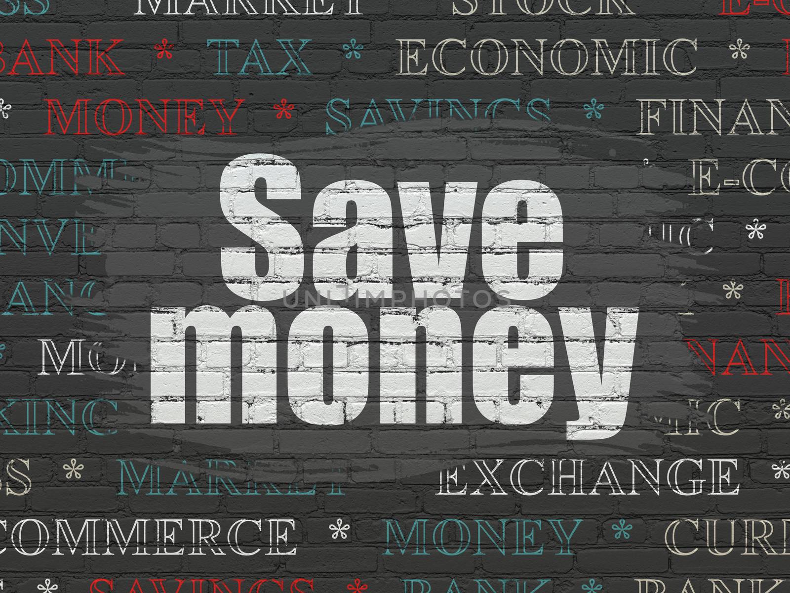 Money concept: Painted white text Save Money on Black Brick wall background with  Tag Cloud
