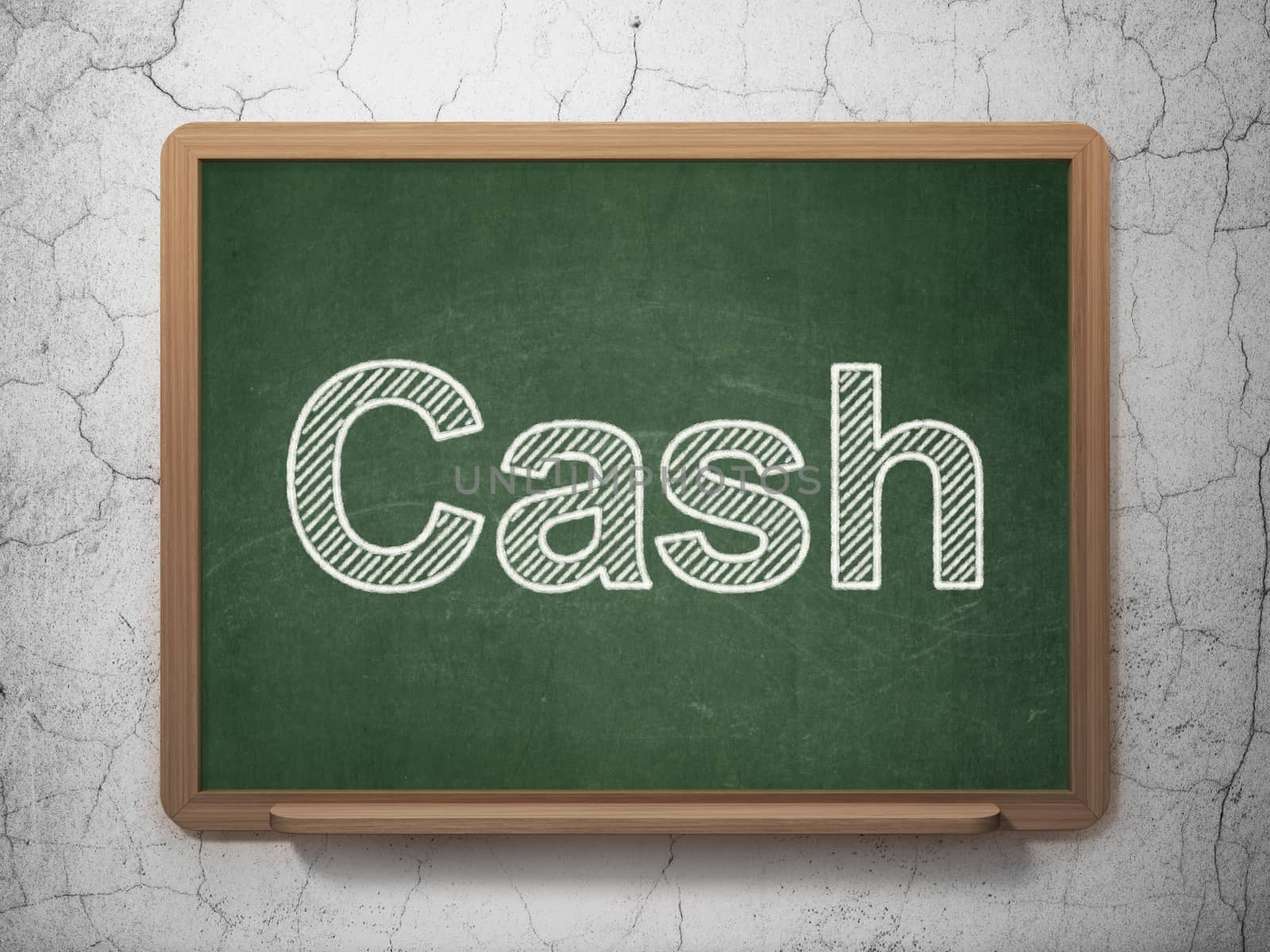 Currency concept: text Cash on Green chalkboard on grunge wall background, 3D rendering