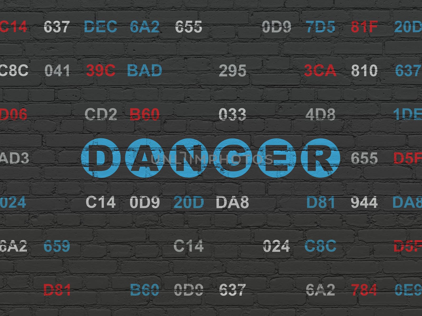 Privacy concept: Painted blue text Danger on Black Brick wall background with Hexadecimal Code