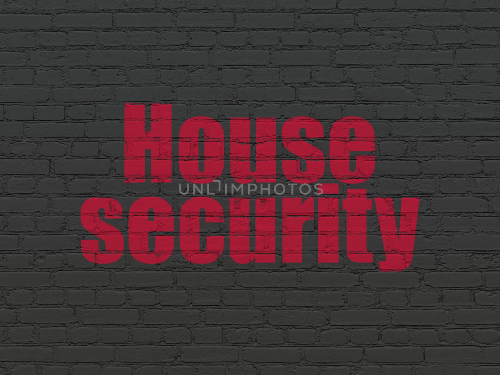 Protection concept: Painted red text House Security on Black Brick wall background