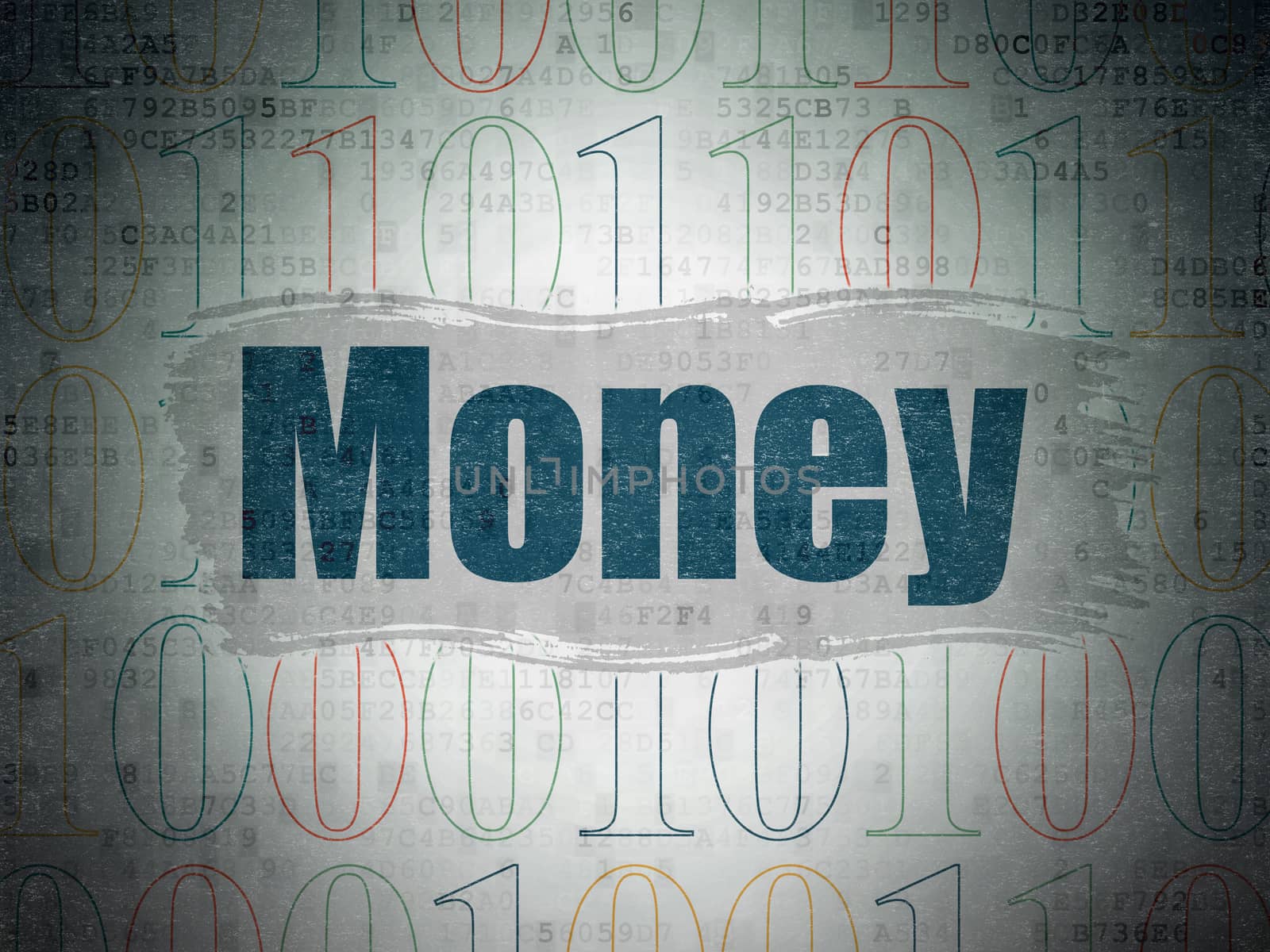 Business concept: Painted blue text Money on Digital Data Paper background with   Binary Code