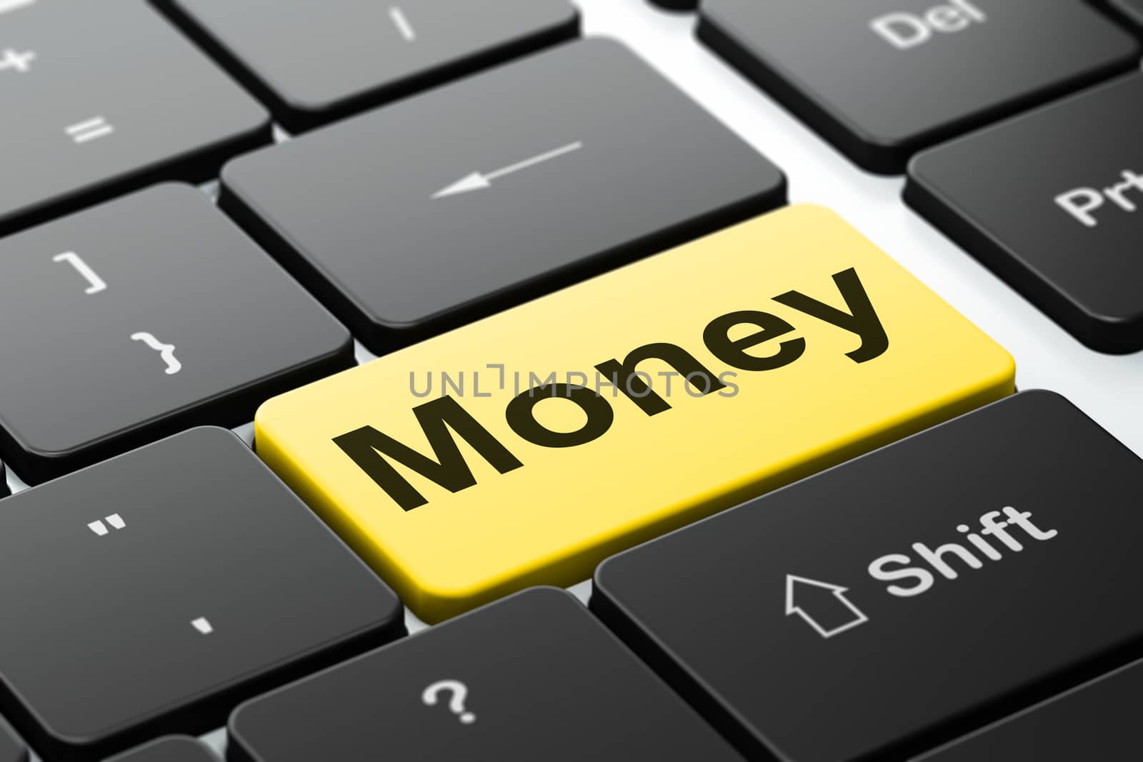 Finance concept: computer keyboard with word Money, selected focus on enter button background, 3D rendering