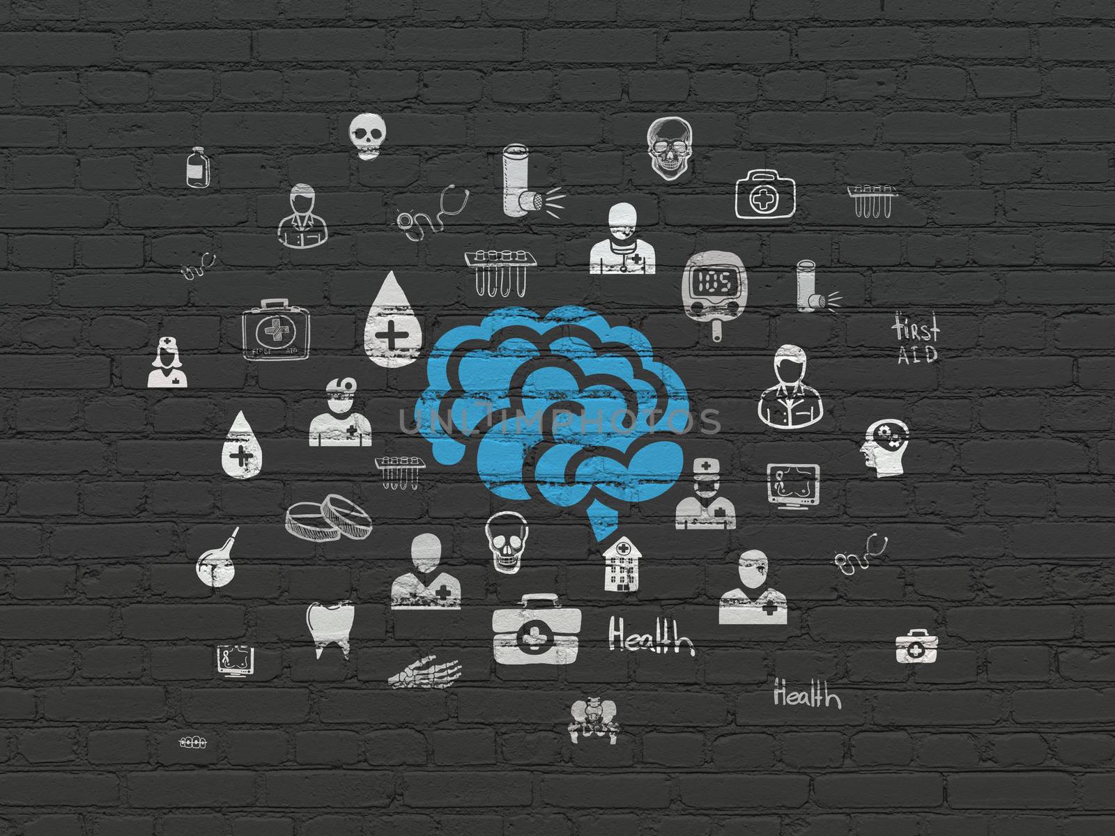 Health concept: Painted blue Brain icon on Black Brick wall background with  Hand Drawn Medicine Icons