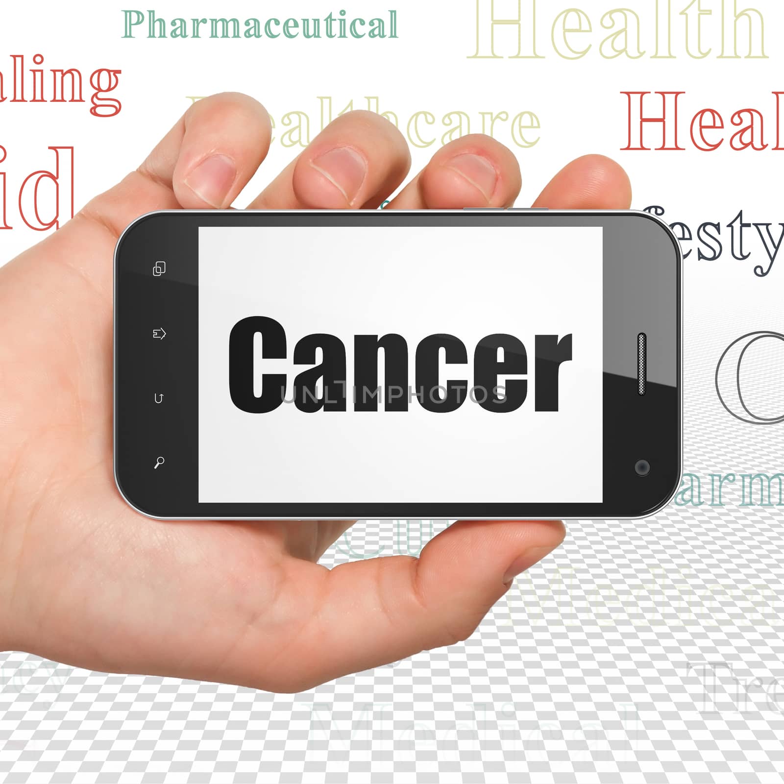 Health concept: Hand Holding Smartphone with Cancer on display by maxkabakov