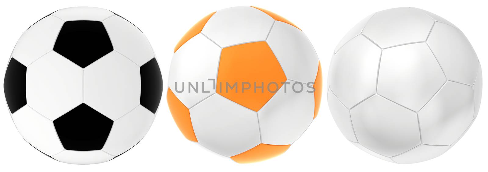 Set football balls isolated on white background. 3d rendering by Mirexon